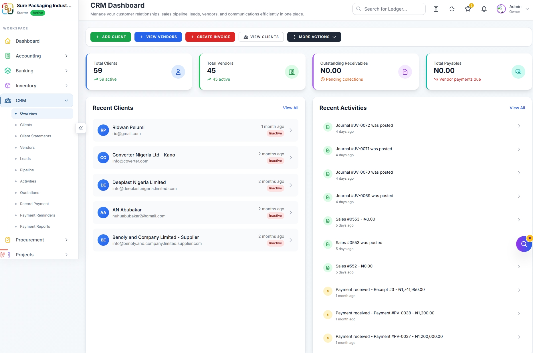 CRM dashboard showing stat cards, recent clients and recent activities